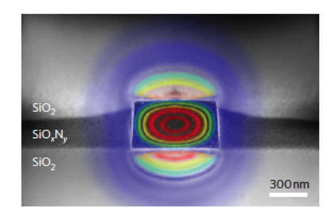 SEM cross section and color-map of the mode distribution in a silicon on insulator waveguide. From X. Liu, R. M. Osgood, Y. A. Vlasov, and W. M. J. Green, Nature Photonics 4, 557 (2010).